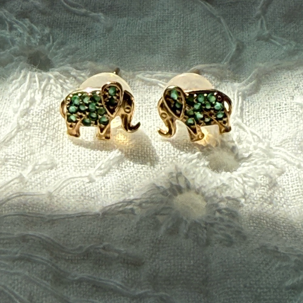Gold and Green Elephant Stud Earrings